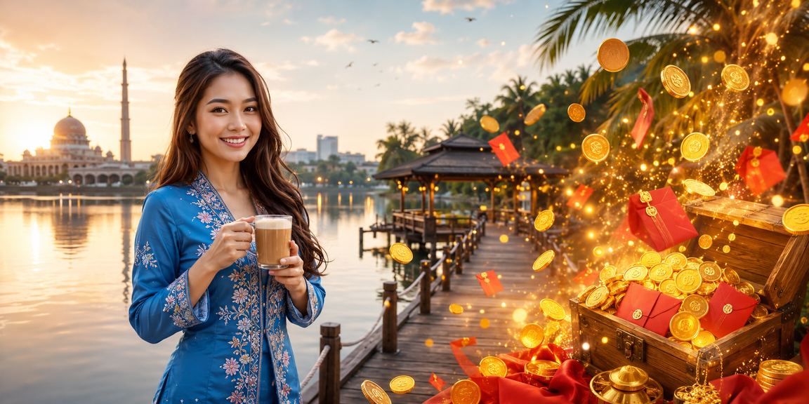 Wanita berbaju kurung menerima sampul merah bonus xc60 di Putrajaya dengan suasana perayaan
